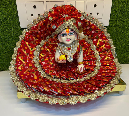 Heavy Lace Double Frill Jaipuri Poshak for Thakurji in Red Colour